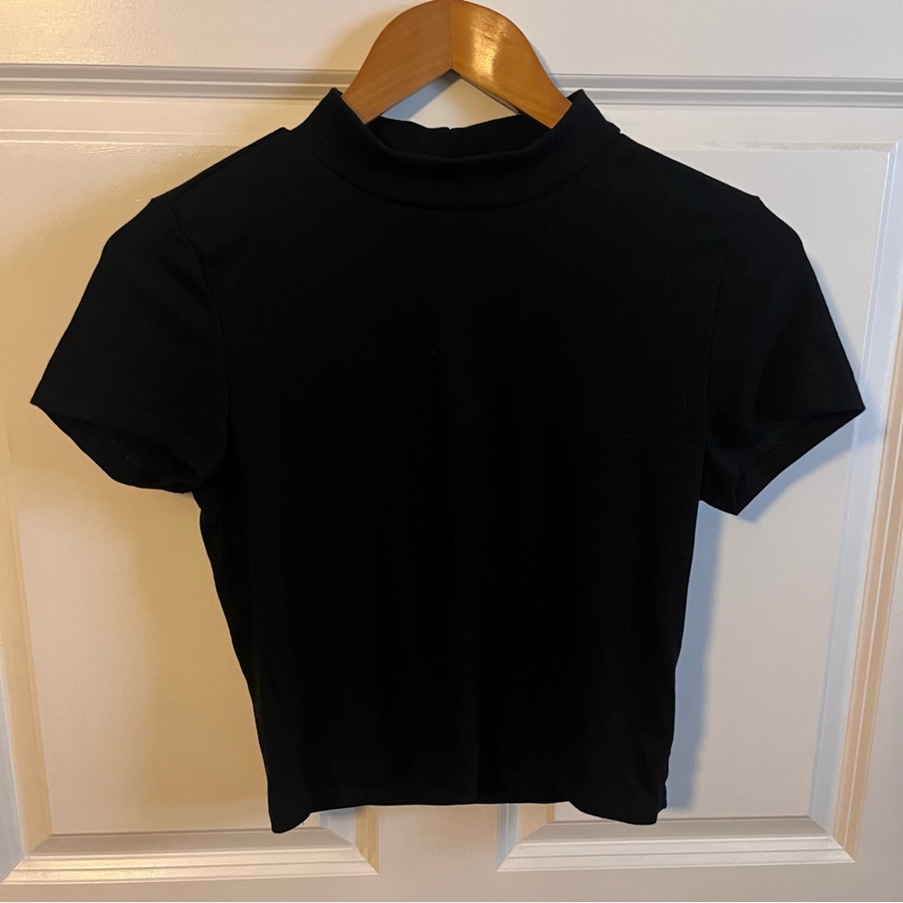 Classic Black Ribbed Mock Neck Modest Crop Top